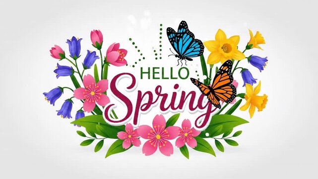 Animated hello spring message with flowers and butterflies