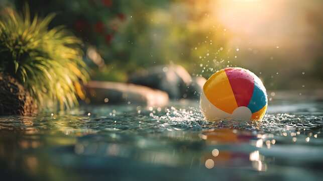 A colorful beach ball splashing in a serene pool surrounded by lush greenery and warm sunlight.