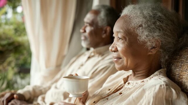 Peaceful senior Black woman gazing wistfully outside. Enjoying quiet moment, sipping tea. Elderly couple relaxing together. Reflective mood, aging gracefully, serene lifestyle.