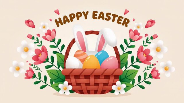Animated happy easter greeting card with bunny and eggs