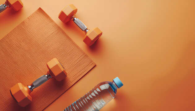 Top view of yoga mat, protein shake bottle and dumbbell on orange background, Fitness equipment and healthy lifestyle concept with copy space.