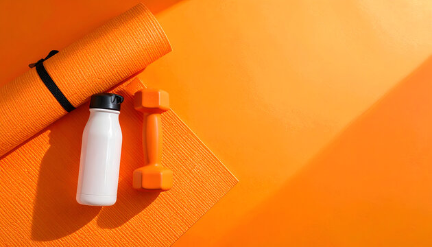 Top view of yoga mat, protein shake bottle and dumbbell on orange background, Fitness equipment and healthy lifestyle concept with copy space.