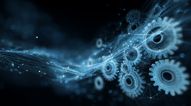 AI powered automation concept background, digital gears merging with neural network lines, glowing blue technology elements, banner design with copy space