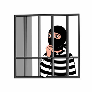 Cartoon Prisoner Behind Bars vector illustration