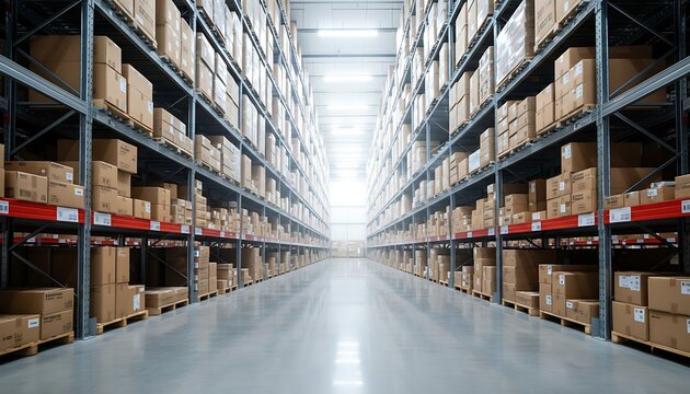 Aisle in a large warehouse with shelving units stocked with cardboard boxes