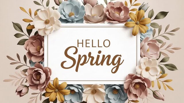 Hello spring greeting card with blooming flowers
