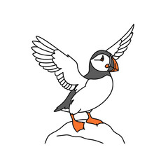Fototapeta premium Cartoon Puffin with Open Wings on Rock vector illustration