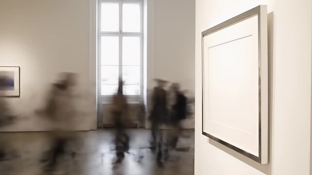 People walking through art gallery room.