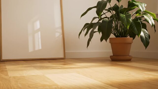Plant in a brown pot on wooden floor.