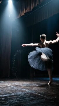 Graceful ballet dancer stage spotlight with flowing tut skirt and elegant pose conveying movement