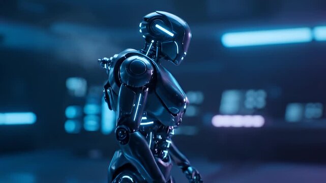 Robot standing in dark blue room.