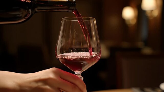 Red wine pouring into glass slowly.