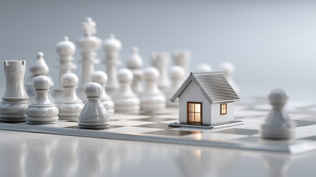 small house model on chessboard with white chess pieces, real estate investment strategy concept, property market planning and mortgage competition