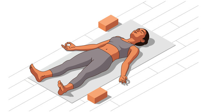 Woman in corpse pose meditation on yoga mat with bricks