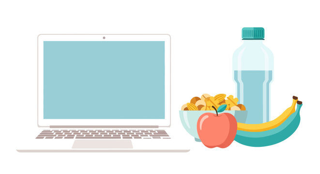 Healthy work setup with laptop, snacks, and water bottle in flat design