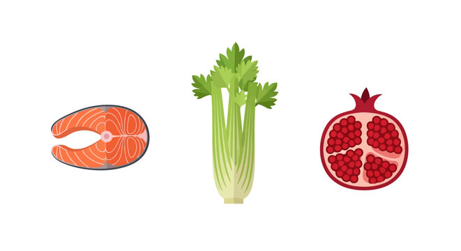 Fresh and healthy: salmon, celery, and pomegranate on white background