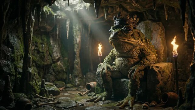 Royal toad and majestic frog king seated on mossy stone throne in torchlit cave fantasy crown