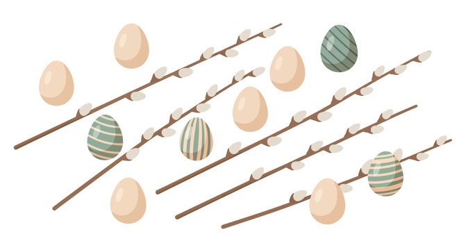 Easter eggs and pussy willow branches in soft pastel colors