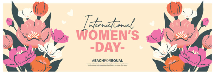 International Women's Day horizontal floral banner with blooming flowers, leaves and elegant typography in flat geometric style featuring pastel colors and modern decorative composition. © LittleWhale