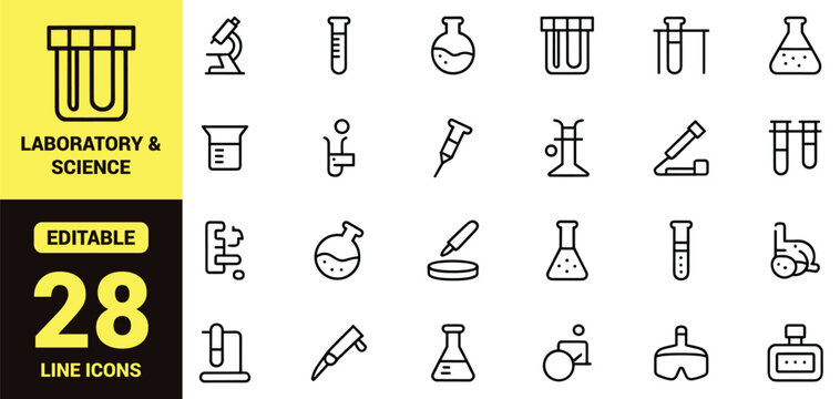 Science and laboratory icon set with chemistry tools, research equipment, biology elements, molecular structures, and high‑ranking scientific illustration components in clean modern line‑art