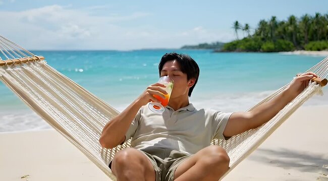Man relaxing in hammock drinking cocktail on tropical beach vacation getaway
