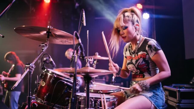 Energetic female drummer performing live concert stage with colorful drum motion and musician