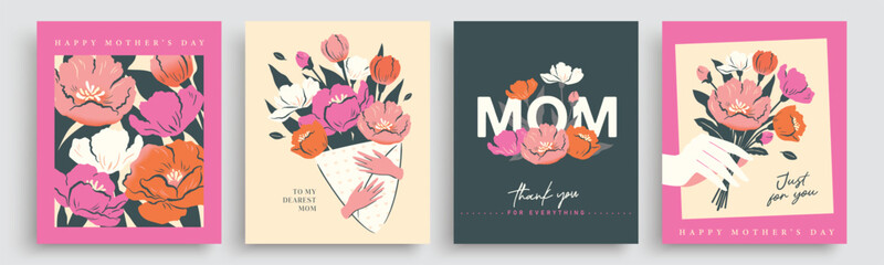 Set of Mother's Day greeting cards, posters and floral templates with bouquet, leaves and stylish typography in flat geometric style using pastel colors and modern decorative layouts. © LittleWhale
