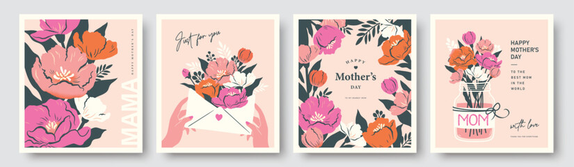 Set of Mother's Day greeting cards, posters and floral invitations with blooming flowers, leaves and elegant typography in flat geometric style using pastel colors and modern design. © LittleWhale
