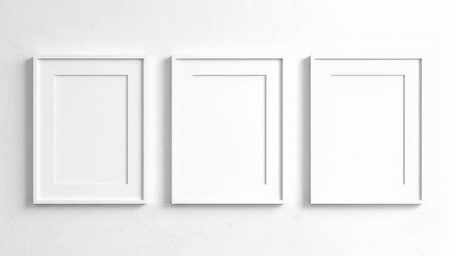 Three empty white picture frames wall.