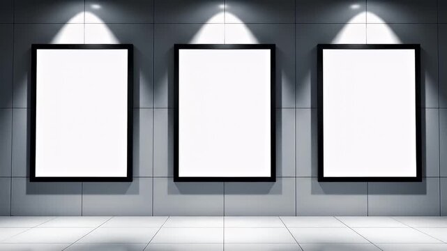 Three empty frames on a wall.