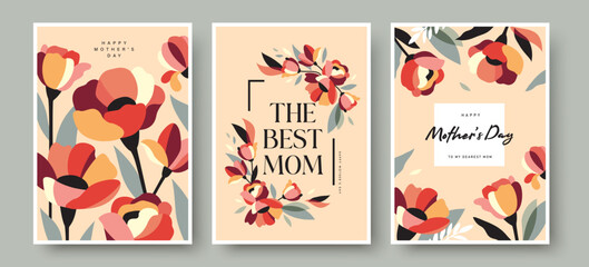 Set of Mother's Day posters and greeting cards with abstract flowers, leaves and elegant typography in flat geometric style using pastel colors and modern decorative floral layouts. © LittleWhale