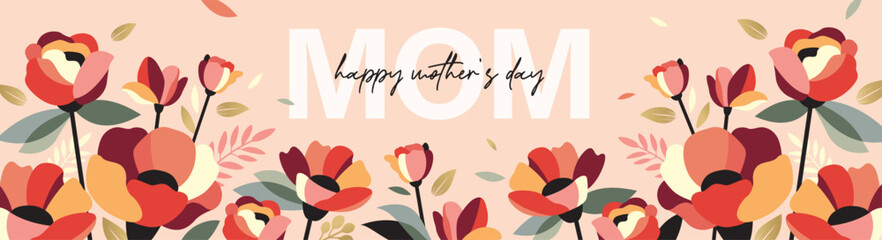 Mother's Day horizontal banner with blooming flowers, leaves and elegant typography in flat geometric style featuring pastel colors, modern floral composition and decorative spring design. © LittleWhale