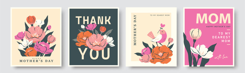 Set of Mother's Day cards, posters and greeting templates with floral bouquets, leaves and stylish typography in flat geometric style with pastel colors and modern layout design collection. © LittleWhale