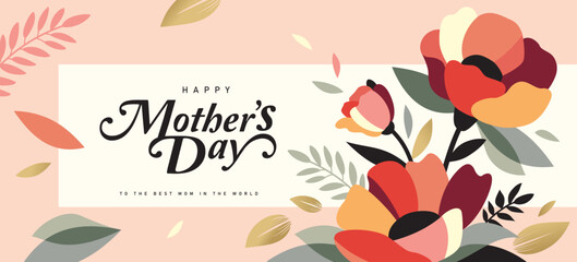 Mother's Day horizontal banner design with blooming flowers, leaves and elegant calligraphy typography in flat geometric style with soft pastel colors and modern decorative composition. © LittleWhale