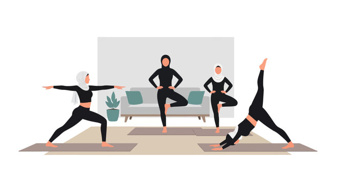 Women practicing yoga together in minimalist room with hijabs and modern decor