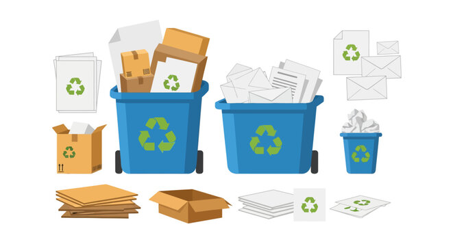 Recycling bins and cardboard boxes with waste paper icon set on white background