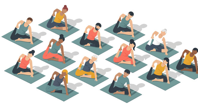 Diverse isometric yoga class in action with people on mats