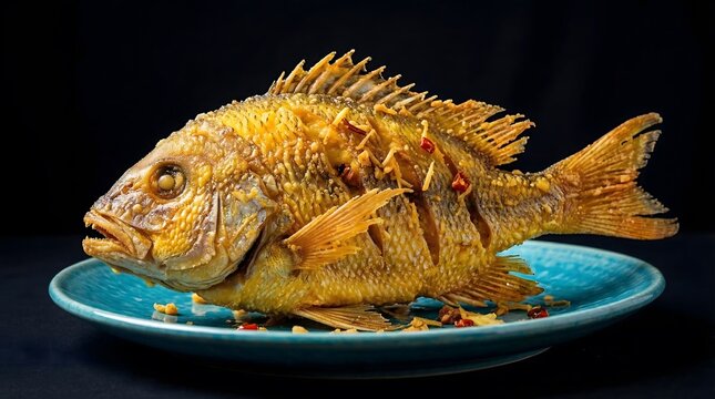 Whole deep fried snapper standing upright on plate