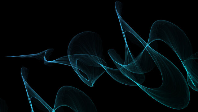 Abstract cyan glowing light wave forms swirl dynamically across a deep black background creating energy
