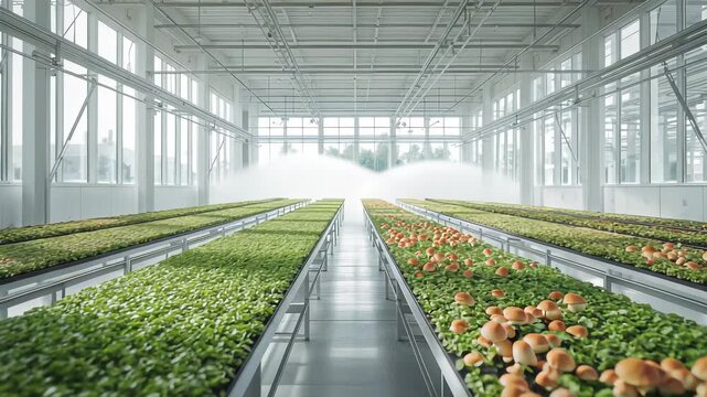 Long rows of green vegetables growing inside a bright glass greenhouse with a central walkway