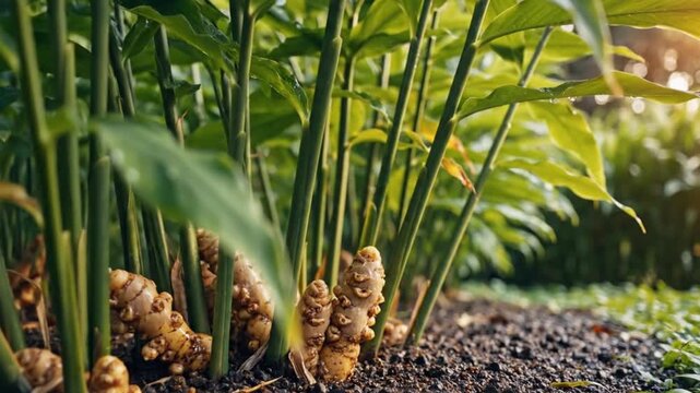Close-up Footage of Ginger Plant in Tropical Garden Showcasing Green Leaves and Brown Rhizomes