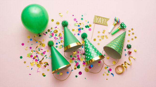 Green party decorations: hats, confetti, balloon, and 'Yay' sign.