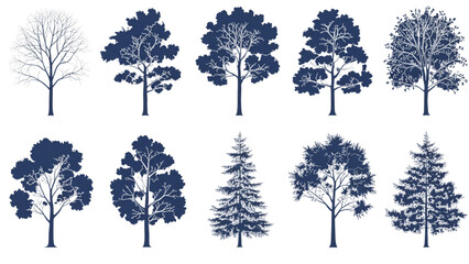Fototapeta premium Forest Tree Technical Blueprint Silhouettes Collection, Different Tree Shapes Elements Isolated on White