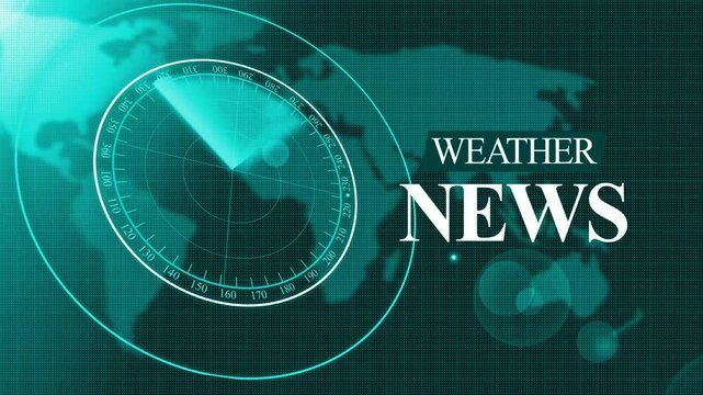 Tv-style weather news graphic with radar overlay and world map background animation