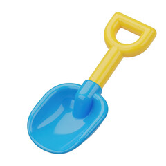 A 3d illustration of a red plastic toy shovel and gardening equipment icon isolated on beach sand as a blue vector object symbol