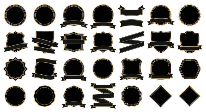 Collection of Black and Gold Emblems, Badges, Ribbons, and Frames