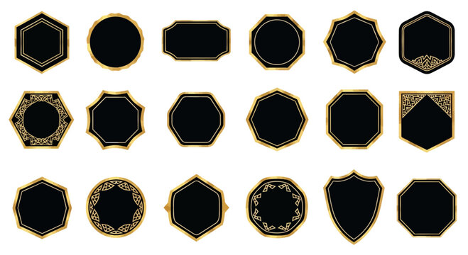 Collection of Black and Gold Geometric and Ornate Frames, Badges, and Labels