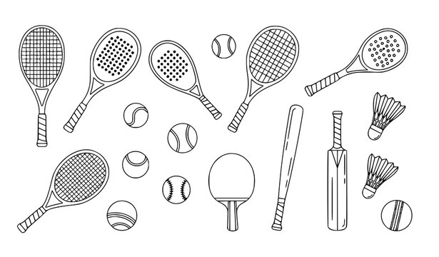 Editable Outline Sports Equipment Vector Icons in Doodle Line Art Style