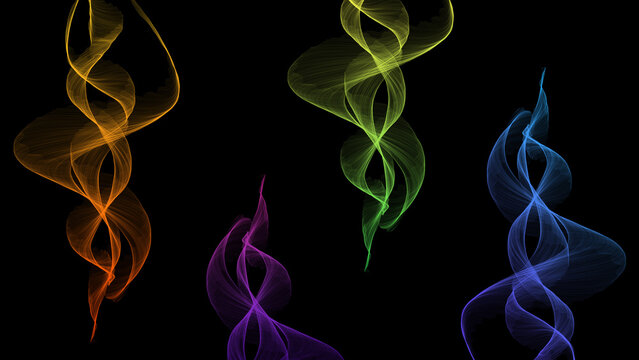 Abstract colorful flowing digital smoke ribbons twist dynamically against a stark black background presentation