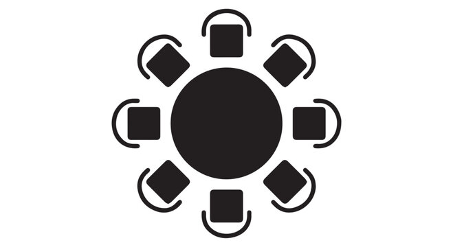 A minimalist black and white illustration of a round table with chairs around it